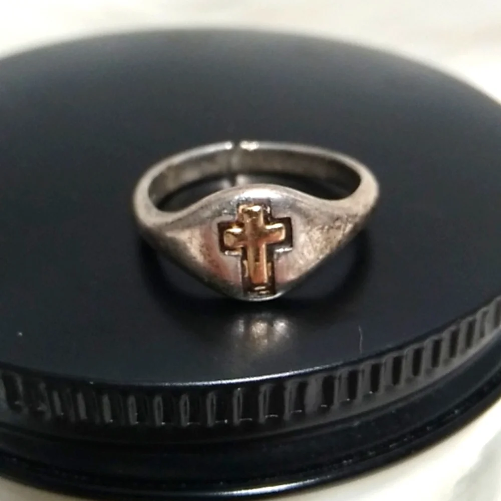 SALE! Antique 14K Gold Cross 925 Band Ring Flaw Can Be Easy Fix Stamped 14kt/925 - Picture 2 of 12
